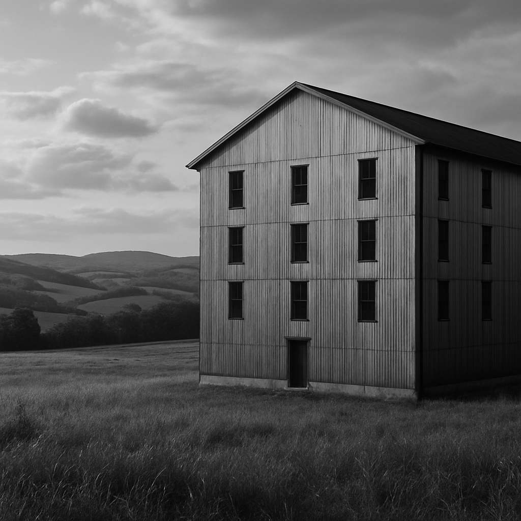 generate an image for a whiskey club landing site that needs to be in gray scale or black and white that has a picture of a rick house in a field that-1