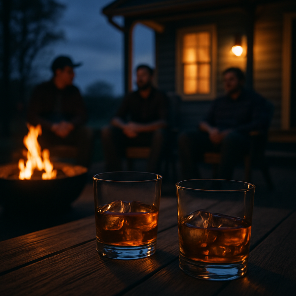 whiskey glasses outside with people on a porch but somewhat out of focus and blurred Dont use a females in the picture make the time of day in the eve