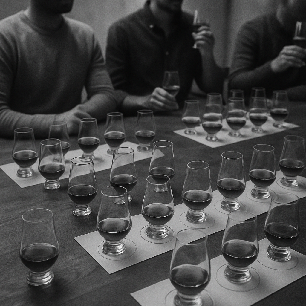 An image of a table that has a bunch of whiskey glasses out on the table like its some type of tasting or pairing event Include people but dont show a-2