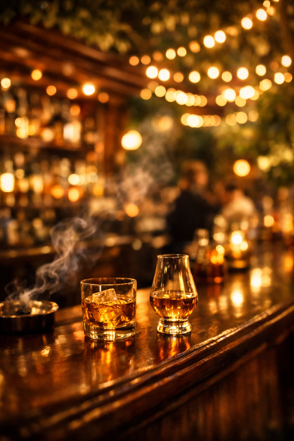 In a dimly lit whiskey garden an elegant polished oak bar stands under a canopy of twinkling fairy lights casting a warm glow over the scene The rich-1